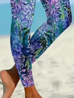 Women's Leggings Vacation Vintage Fashion Ankle-Length High Waist Floral Graphic Leaf Printing Soft Breathable Stretchy Vacation Causal Casual Purple Spring Slim Fit