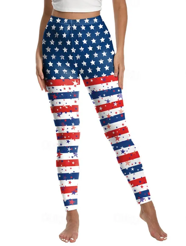 Women's Leggings Vacation Vintage Ethnic Style Ankle-Length High WaistPantsAmerican Independence Day Graphic American Flag 3D Print Quick Dry Breathability Soft Stretchy Outdoor Home Causal Lake Blue