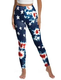Women's Leggings Vacation Vintage Ethnic Style Ankle-Length High WaistPantsAmerican Independence Day Graphic American Flag 3D Print Quick Dry Breathability Soft Stretchy Outdoor Home Causal Lake Blue