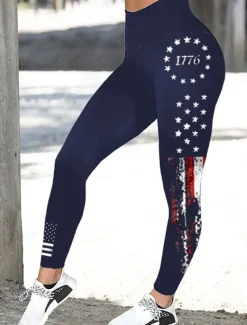 Women's Leggings Vacation Vintage Fashion Ankle-Length High WaistPantsAmerican Independence Day Graphic Flag Printing Thermal Warm Soft Breathable Stretchy Outdoor Daily Wine Black Blue ash-colored