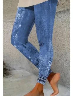 Women's Leggings Vacation Vintage Ethnic Style Ankle-Length High Waist Floral Graphic 3D Print Quick Dry Breathability Soft Stretchy Outdoor Home Causal Red Blue Green Gray Fall Slim Fit