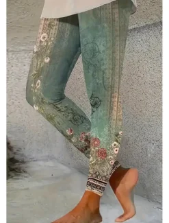 Women's Leggings Vacation Vintage Ethnic Style Ankle-Length High Waist Floral Graphic 3D Print Quick Dry Breathability Soft Stretchy Outdoor Home Causal Red Blue Green Gray Fall Slim Fit