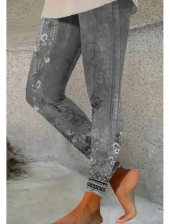 Women's Leggings Vacation Vintage Ethnic Style Ankle-Length High Waist Floral Graphic 3D Print Quick Dry Breathability Soft Stretchy Outdoor Home Causal Red Blue Green Gray Fall Slim Fit