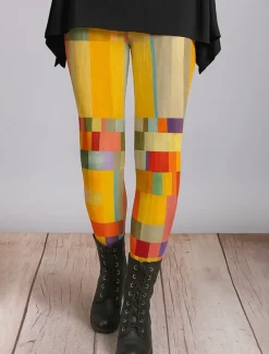 Women's Leggings Vacation Vintage Ethnic Style Ankle-Length High Waist Graphic Plaid Checkered Abstract 3D Print Quick Dry Breathability Soft Stretchy Outdoor Home Causal Yellow Red Gray Fall Regular