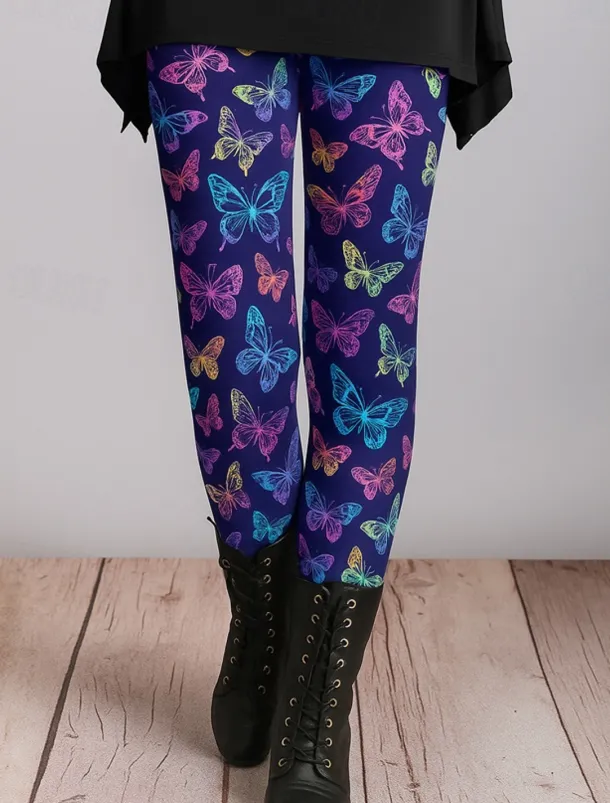 Women's Leggings Vacation Vintage Ethnic Style Ankle-Length High Waist Graphic Butterfly 3D Print Quick Dry Breathability Soft Stretchy Outdoor Home Causal Dark purple Black Purple Fall Skinny