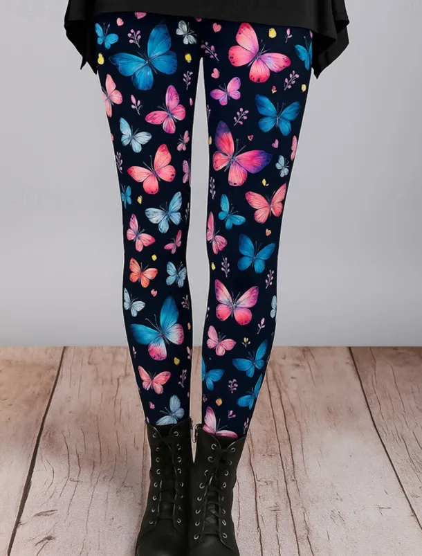 Women's Leggings Vacation Vintage Ethnic Style Ankle-Length High Waist Graphic Butterfly 3D Print Quick Dry Breathability Soft Stretchy Outdoor Home Causal Dark purple Black Purple Fall Skinny