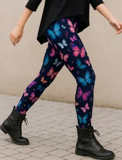 Women's Leggings Vacation Vintage Ethnic Style Ankle-Length High Waist Graphic Butterfly 3D Print Quick Dry Breathability Soft Stretchy Outdoor Home Causal Dark purple Black Purple Fall Skinny