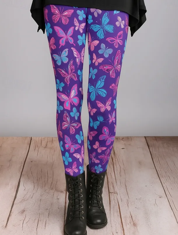 Women's Leggings Vacation Vintage Ethnic Style Ankle-Length High Waist Graphic Butterfly 3D Print Quick Dry Breathability Soft Stretchy Outdoor Home Causal Dark purple Black Purple Fall Skinny