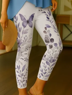 Women's Leggings Vacation Vintage Ethnic Style Ankle-Length High Waist Floral Graphic Leaf 3D Print Quick Dry Breathability Soft Stretchy Outdoor Home Causal Blue Purple Green Spring Fall Slim Fit