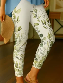 Women's Leggings Vacation Vintage Ethnic Style Ankle-Length High Waist Floral Graphic Leaf 3D Print Quick Dry Breathability Soft Stretchy Outdoor Home Causal Blue Purple Green Spring Fall Slim Fit