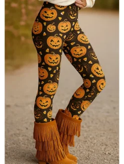 Women's Leggings Vacation Vintage Ethnic Style Ankle-Length High WaistPantsHalloween Graphic Skull Pumpkin 3D Print Quick Dry Breathability Soft Stretchy Outdoor Home Causal Purple Orange Green Fall