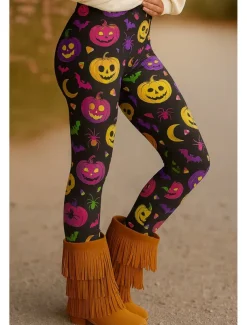 Women's Leggings Vacation Vintage Ethnic Style Ankle-Length High WaistPantsHalloween Graphic Skull Pumpkin 3D Print Quick Dry Breathability Soft Stretchy Outdoor Home Causal Purple Orange Green Fall