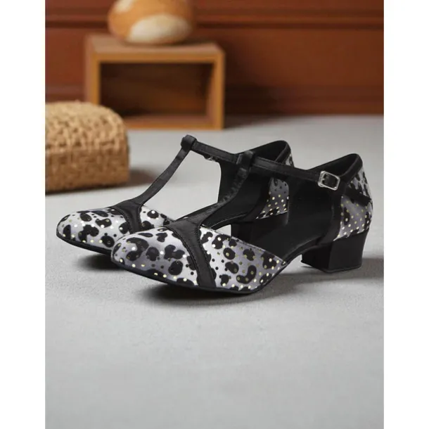Women's Leopard Print Satin T-Strap Dance Shoes with Low Heel - Professional Ballroom and Latin Performance Footwear