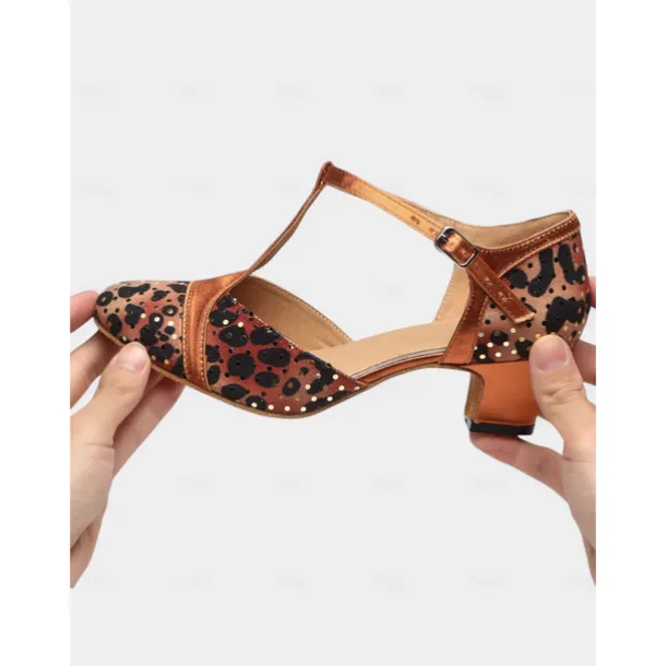 Women's Leopard Print Satin T-Strap Dance Shoes with Low Heel - Professional Ballroom and Latin Performance Footwear