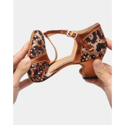 Women's Leopard Print Satin T-Strap Dance Shoes with Low Heel - Professional Ballroom and Latin Performance Footwear