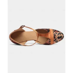 Women's Leopard Print Satin T-Strap Dance Shoes with Low Heel - Professional Ballroom and Latin Performance Footwear