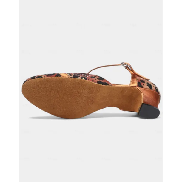 Women's Leopard Print Satin T-Strap Dance Shoes with Low Heel - Professional Ballroom and Latin Performance Footwear