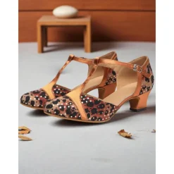 Women's Leopard Print Satin T-Strap Dance Shoes with Low Heel - Professional Ballroom and Latin Performance Footwear