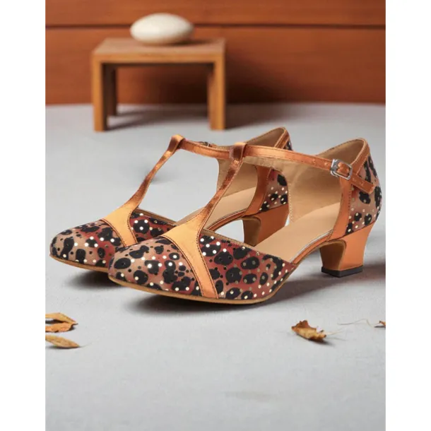 Women's Leopard Print Satin T-Strap Dance Shoes with Low Heel - Professional Ballroom and Latin Performance Footwear