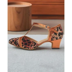 Women's Leopard Print Satin T-Strap Dance Shoes with Low Heel - Professional Ballroom and Latin Performance Footwear