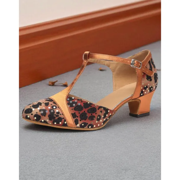 Women's Leopard Print Satin T-Strap Dance Shoes with Low Heel - Professional Ballroom and Latin Performance Footwear