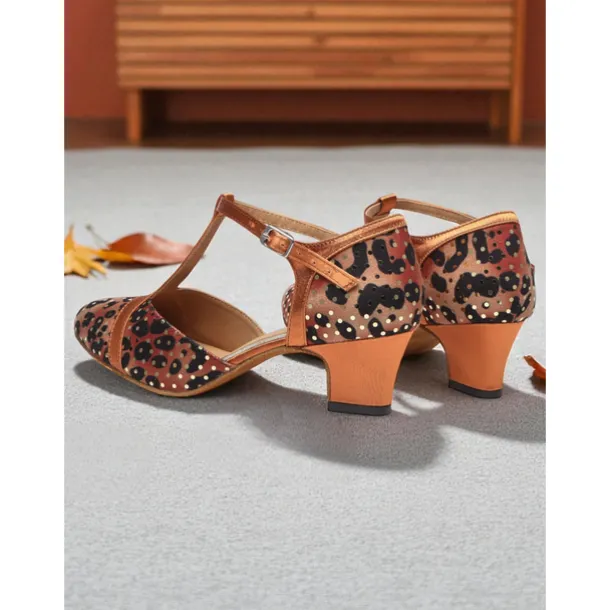 Women's Leopard Print Satin T-Strap Dance Shoes with Low Heel - Professional Ballroom and Latin Performance Footwear