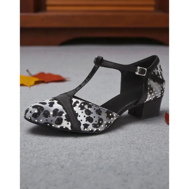 Women's Leopard Print Satin T-Strap Dance Shoes with Low Heel - Professional Ballroom and Latin Performance Footwear
