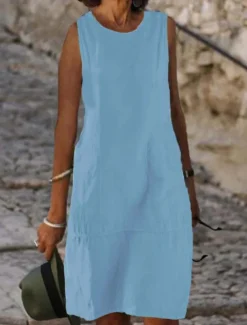 Women's Light Blue Black White Summer Spring Midi Dress White Dress Cotton Linen Dresses Sundress Classic Casual Vacation Daily Loose Fit Plain U Neck