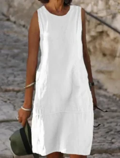 Women's Light Blue Black White Summer Spring Midi Dress White Dress Cotton Linen Dresses Sundress Classic Casual Vacation Daily Loose Fit Plain U Neck