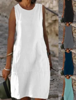 Women's Light Blue Black White Summer Spring Midi Dress White Dress Cotton Linen Dresses Sundress Classic Casual Vacation Daily Loose Fit Plain U Neck
