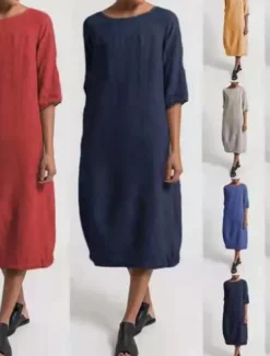 Women's Light Blue Black Yellow Summer Spring Midi Dress Linen-Inspired Dresses Casual Dress Basic Modern Daily Weekend Regular Fit Plain Crew Neck