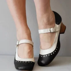 Women's Light Brown and White Mary Jane Heels with Decorative Buckle and Studded Detailing – Perfect for Vintage-Inspired Events and Special Occasions