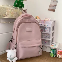 Women's Light Green School Backpack with Cute Plush Bear Keychain, Large Capacity Multi-Pocket Waterproof Bookbag for Teen Girls, College, and Daily Use