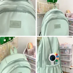 Women's Light Green School Backpack with Cute Plush Bear Keychain, Large Capacity Multi-Pocket Waterproof Bookbag for Teen Girls, College, and Daily Use