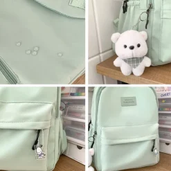 Women's Light Green School Backpack with Cute Plush Bear Keychain, Large Capacity Multi-Pocket Waterproof Bookbag for Teen Girls, College, and Daily Use