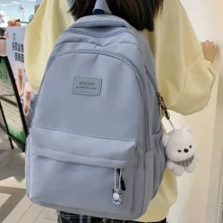 Women's Light Green School Backpack with Cute Plush Bear Keychain, Large Capacity Multi-Pocket Waterproof Bookbag for Teen Girls, College, and Daily Use