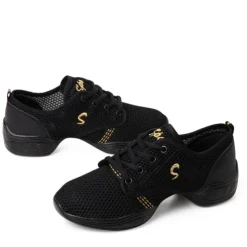 Women's Lightweight Mesh Lace-Up Dance Sneakers – Breathable Black Sports Shoes for Jazz, Zumba, and Fitness Workouts