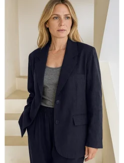 Women's Linen Tencel Blazer Breathable Pocket Buttons Elegant Vintage Fashion Daily Solid Color Formal Office / Career Casual Single Breasted Regular Notch Lapel Loose Fit Long Sleeve Outerwear Navy