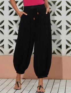 Women's Linen Black Loose Pleated Adjustable Drawstring Dhoti Pants with Pockets
