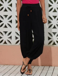 Women's Linen Black Loose Pleated Adjustable Drawstring Dhoti Pants with Pockets