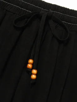 Women's Linen Black Loose Pleated Adjustable Drawstring Dhoti Pants with Pockets