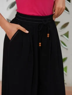 Women's Linen Black Loose Pleated Adjustable Drawstring Dhoti Pants with Pockets