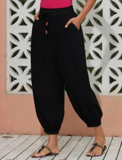 Women's Linen Black Loose Pleated Adjustable Drawstring Dhoti Pants with Pockets