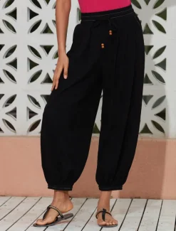 Women's Linen Black Loose Pleated Adjustable Drawstring Dhoti Pants with Pockets