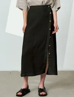 Women's 55%Linen Cotton A Line Elegant Vintage Basic Casual Midi Mid Waist Skirts Plain Split Ends Inelastic School Vacation Black White Summer