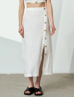Women's 55%Linen Cotton A Line Elegant Vintage Basic Casual Midi Mid Waist Skirts Plain Split Ends Inelastic School Vacation Black White Summer