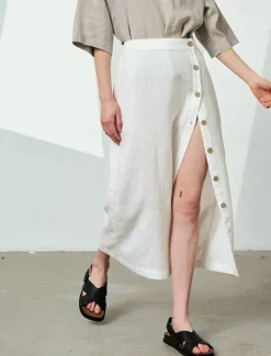 Women's 55%Linen Cotton A Line Elegant Vintage Basic Casual Midi Mid Waist Skirts Plain Split Ends Inelastic School Vacation Black White Summer