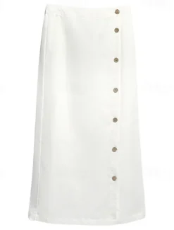 Women's 55%Linen Cotton A Line Elegant Vintage Basic Casual Midi Mid Waist Skirts Plain Split Ends Inelastic School Vacation Black White Summer