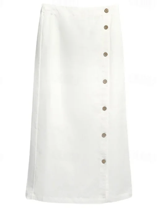 Women's 55%Linen Cotton A Line Elegant Vintage Basic Casual Midi Mid Waist Skirts Plain Split Ends Inelastic School Vacation Black White Summer