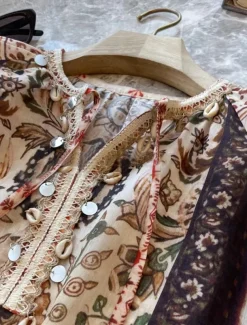 Women's Linen Cotton Boho Shirt Floral Seashell Paisley Abstract Vintage Stylish Ethnic 3/4 Length Sleeve Lantern Sleeve V Neck Regular Tops Daily Holiday Going out Tie Front Brown Summer Spring Fall